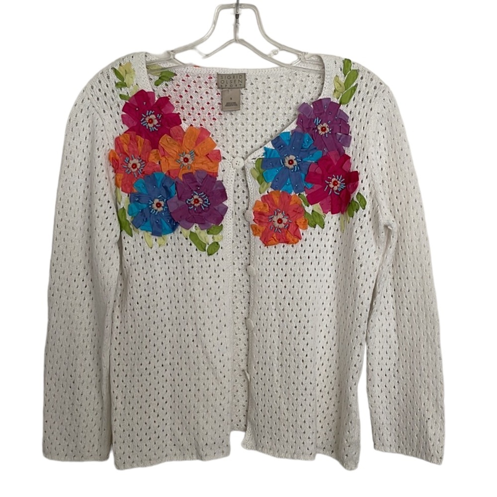 NWOT Sigrid Olsen Sport White Linen Cotton Cardigan w/ Ribbon Flowers